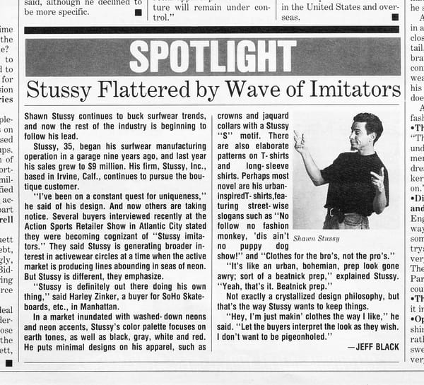 "Stussy Flattered by Wave of Imitators" DNR 10/16/1989
